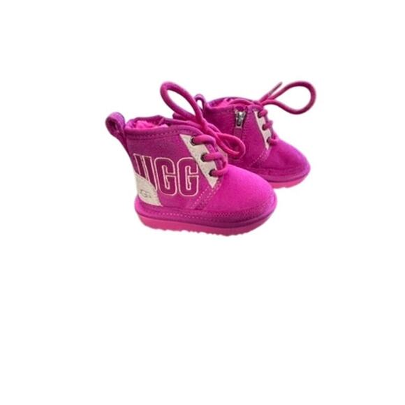 "UGG" BABY GIRL Pink Suede Lined Booties SZ 6 Mean Girls Fuzzy Lace Up Warm Boot - Picture 1 of 8